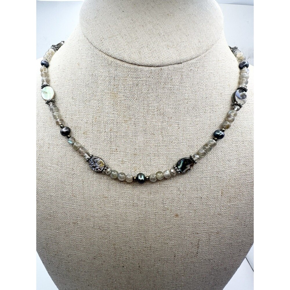 Handmade Labradorite Abalone Shell Freshwater Pearl Necklace 18”